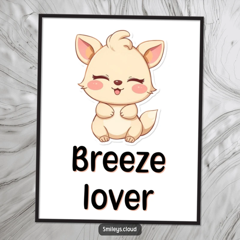 Funny poster featuring a happy animal with closed eyes, embracing a gentle breeze, evoking a strong sense of peace and delightful joy.