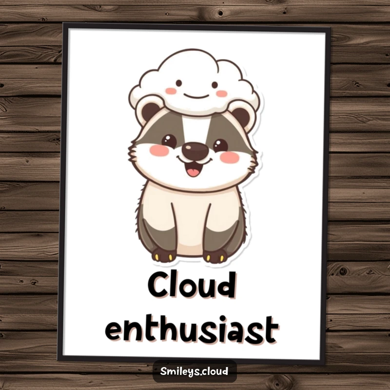 Funny cheerful badger poster depicting a happy badger under a smiling cloud, a humorous piece of wall art designed to spread cheer.