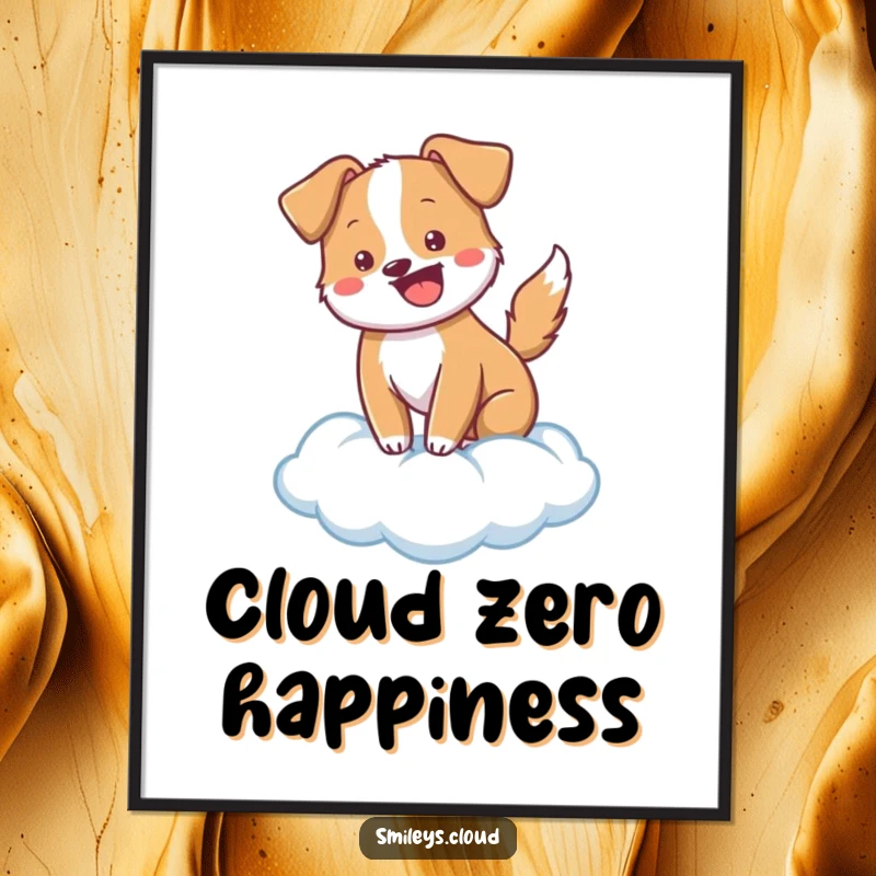 Funny cheerful dog wagging its tail while resting on a soft cloud, creating whimsical and funny wall art.