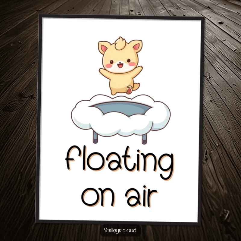 Funny poster illustrating a gleeful cartoon animal performing a spectacular bounce on a soft, fluffy cloud, exuding pure happiness.