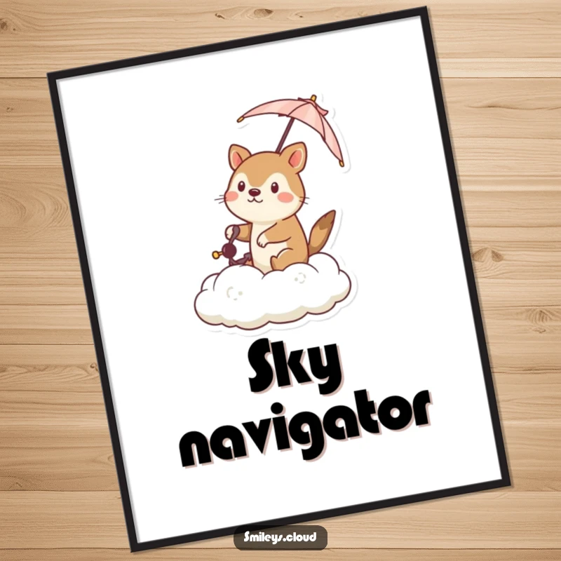 Funny poster featuring a determined animal steering a cloud with a tiny umbrella, embodying courage and a humorous spirit of adventure.