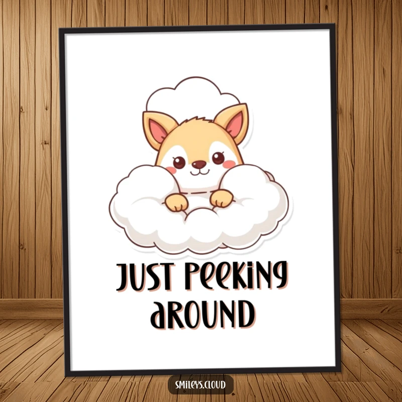 Funny poster art of an animal character peeking curiously from behind a fluffy cloud, creating a sense of whimsical discovery.