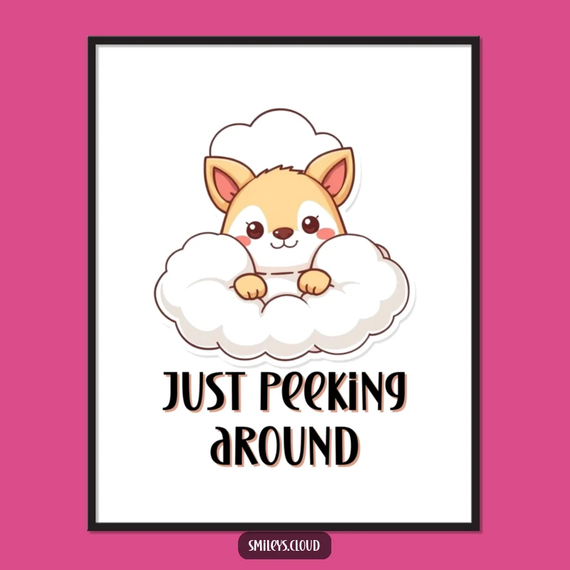 Funny Curious Animal Poster: Peek-a-Boo Cloud Art Print for Whimsical Decor