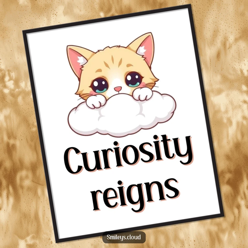 Funny poster features a curious cat peeking over a cloud, its eyes wide with a sense of awe and fascination.