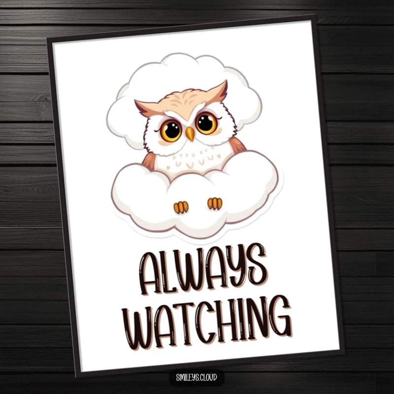 Funny poster art of a curious owl looking down from a fluffy cloud, creating a whimsical and observant atmosphere.