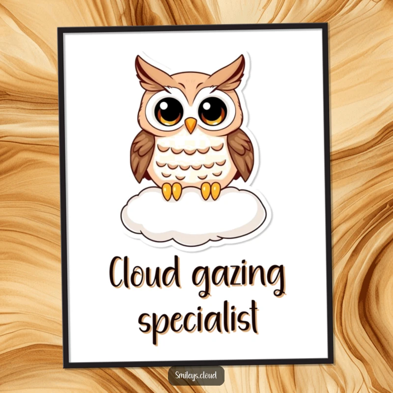Funny owl poster featuring a curious owl with wide eyes on a cloud, a humorous and charming piece of wall art for any space.
