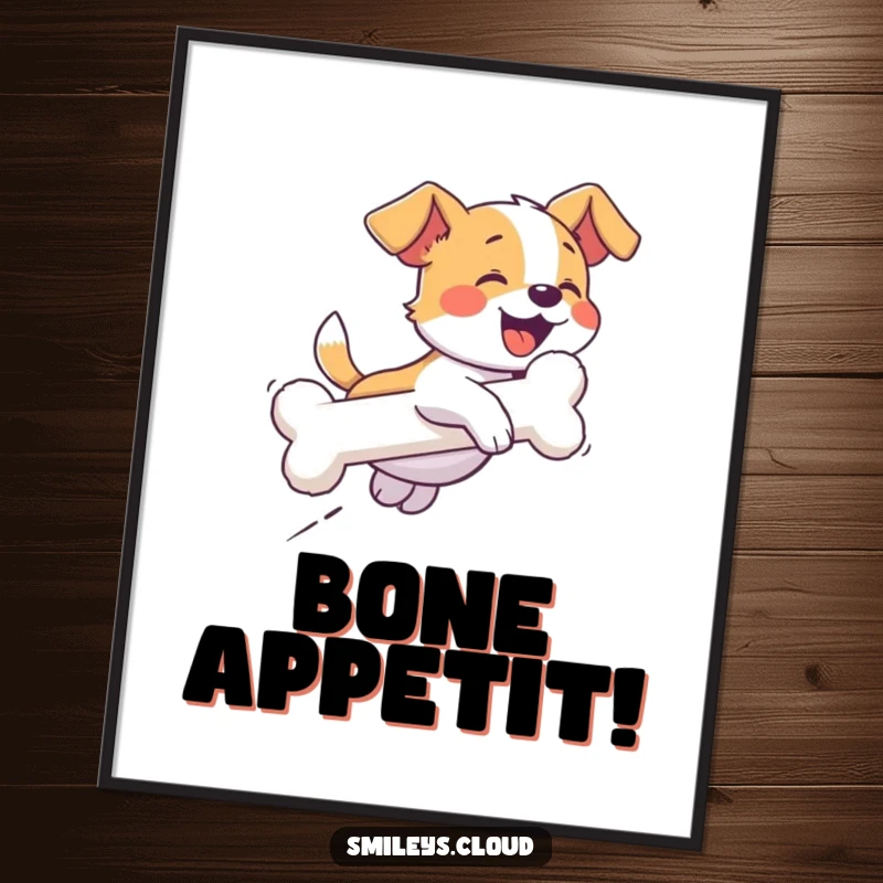 Funny poster featuring a giggling dog excitedly chasing a cloud shaped precisely like a bone, full of playful pursuit.