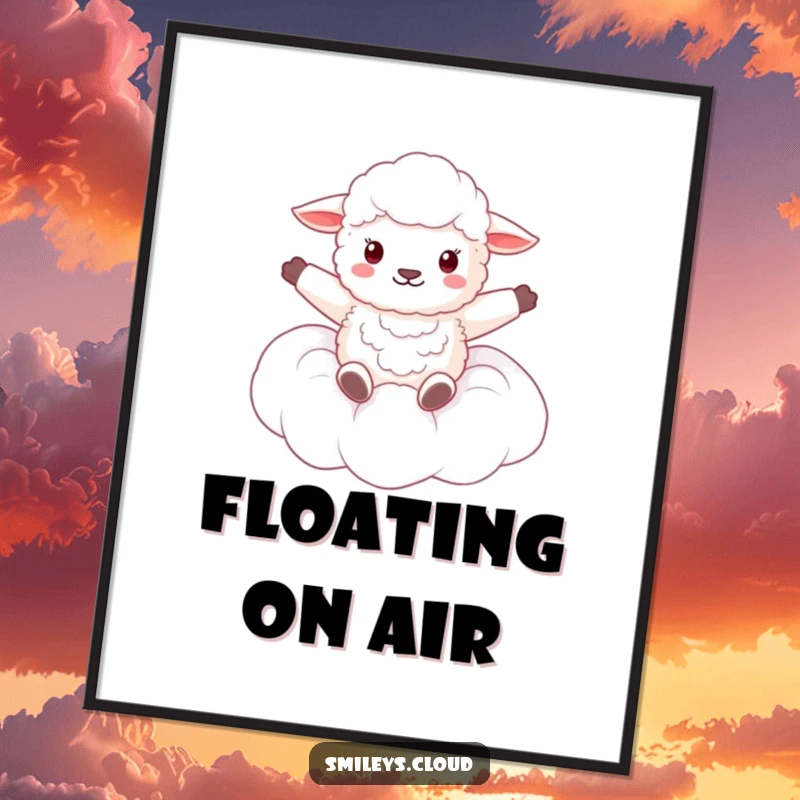Funny poster features a fluffy sheep floating contentedly on a cloud, arms outstretched in a symbol of pure bliss.