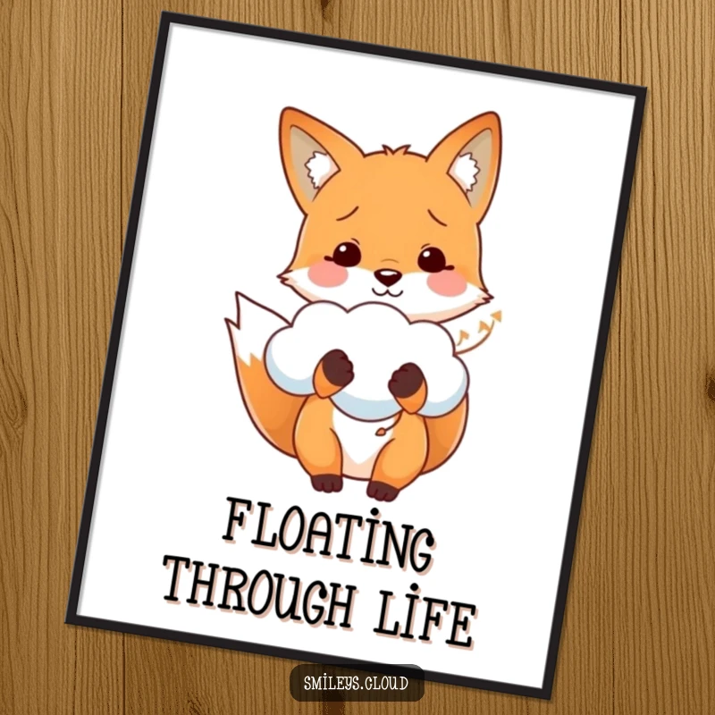 Funny poster showing a smiling fox holding a soft cloud like a balloon, creating a scene of gentle fantasy.