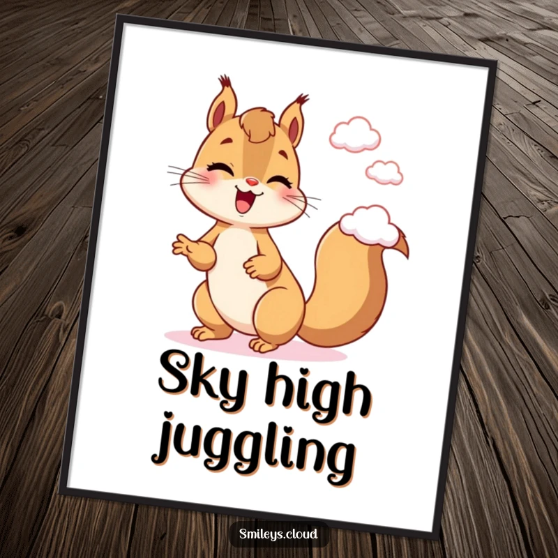 Funny Squirrel Poster: A giggling squirrel is shown in mid-juggle with small clouds, creating a whimsical and humorous piece of wall art.