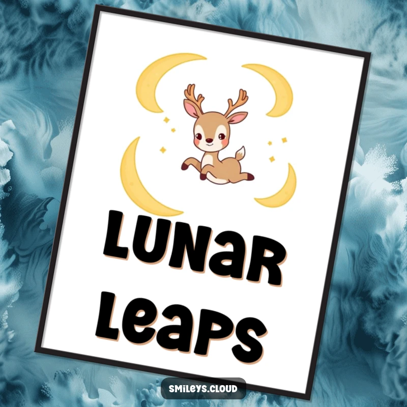 Funny poster art of a joyful deer leaping gracefully between crescent moons, bringing celestial magic and humor to any space.