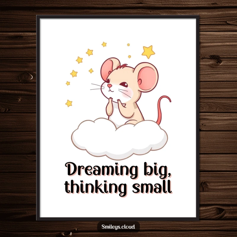 Funny poster of a pensive mouse looking at stars from a cloud, creating a serene and inspiring visual.