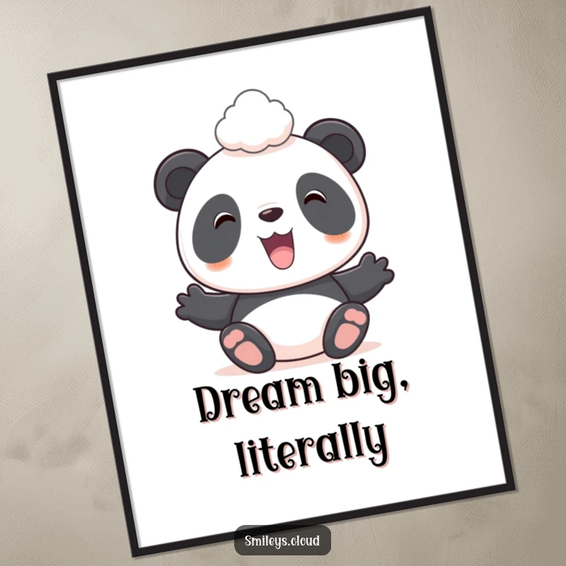 Funny poster print of a smiling panda effortlessly balancing a tiny, soft cloud on its head, bringing whimsical charm.