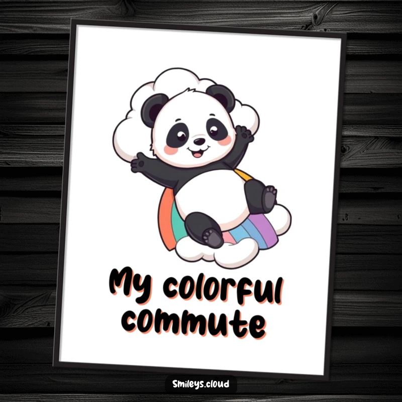 Funny Panda poster featuring a playful panda sliding down a rainbow from a cloud, adding a touch of colorful humor to your walls.
