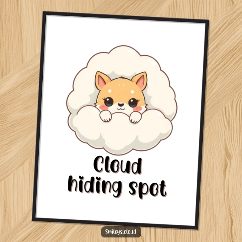 Funny Peeking Animal Poster: A cute animal peeking shyly from behind a large, ethereal, fluffy cloud.