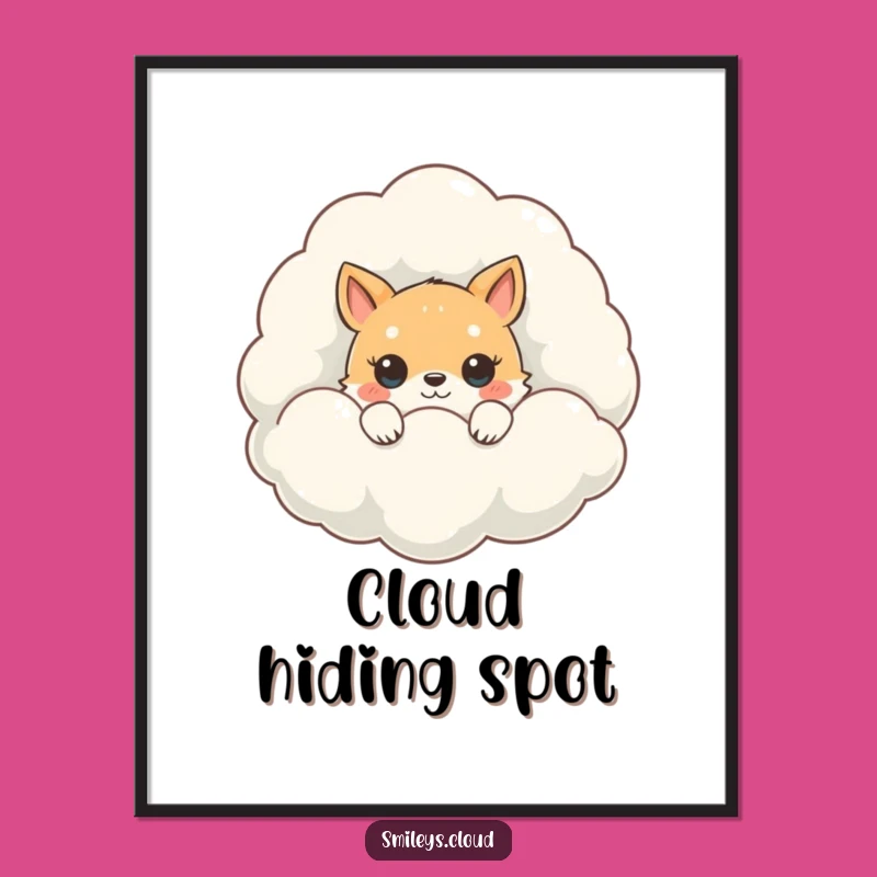 Funny Peeking Animal Poster: Cute Cloud Hideaway Art, Whimsical Wall Decor Gift