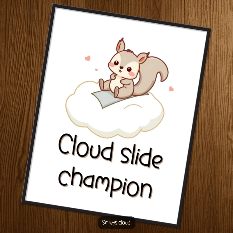 Funny poster featuring a silly squirrel sliding down a fluffy cloud like a slide, bringing a sense of pure, unrestrained fun.