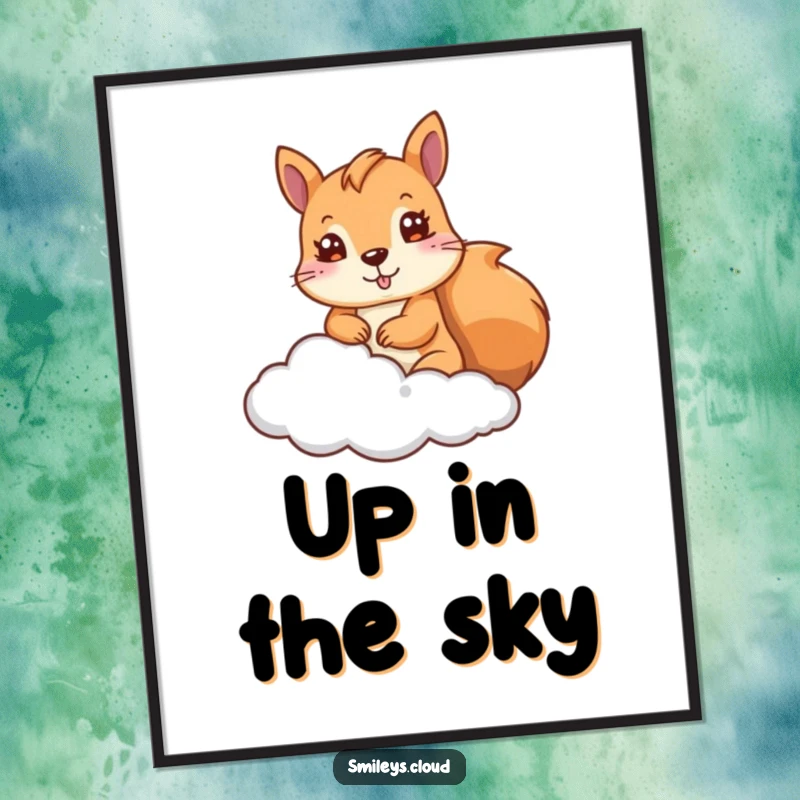 Funny Squirrel Poster: A cute squirrel peeks from a fluffy cloud, creating whimsical and humorous wall art, a perfect gift.