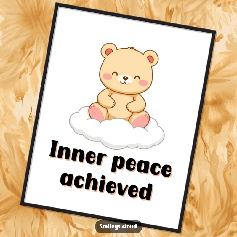 Funny poster art of a happy bear meditating peacefully on a soft cloud, adding a humorous touch to home decor.
