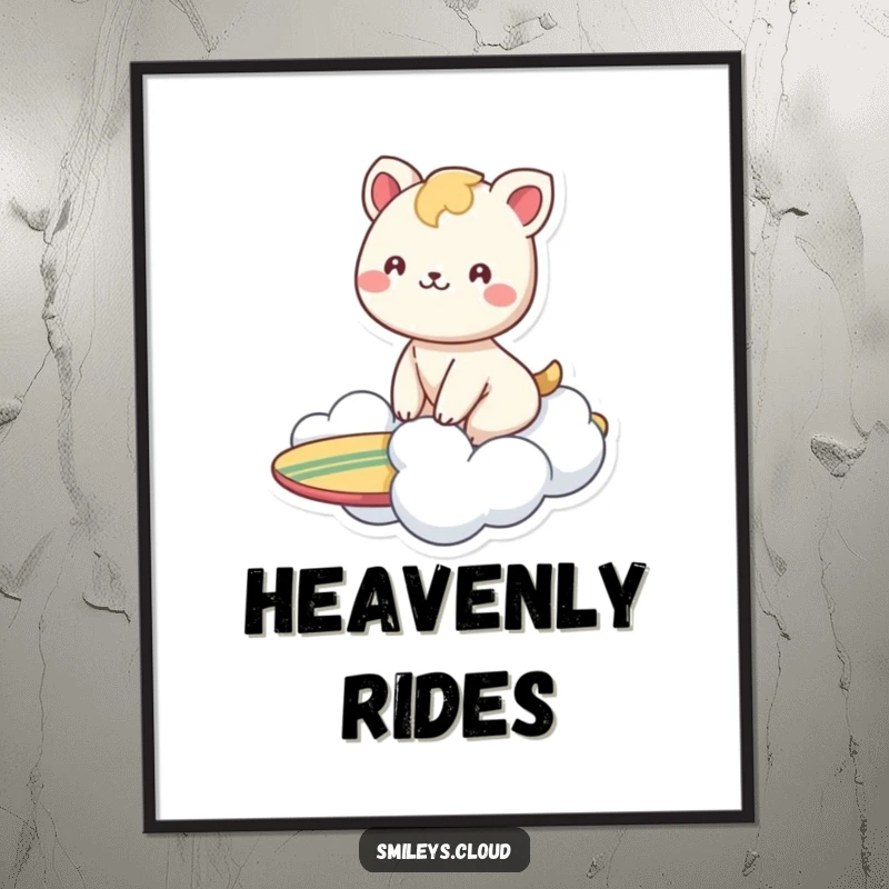 Funny poster featuring a smiling animal happily surfing on a cloud, exuding carefree joy and whimsical adventure.