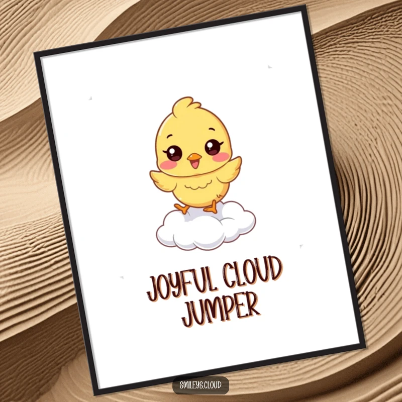 Funny chick poster of a happy chick hopping on a cloud, a humorous and uplifting piece of wall art.