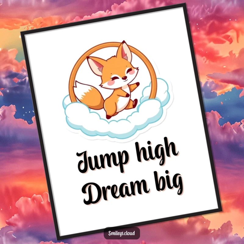 Funny fox poster capturing a dynamic fox leaping through a cloud hoop, exuding energy and playfulness.