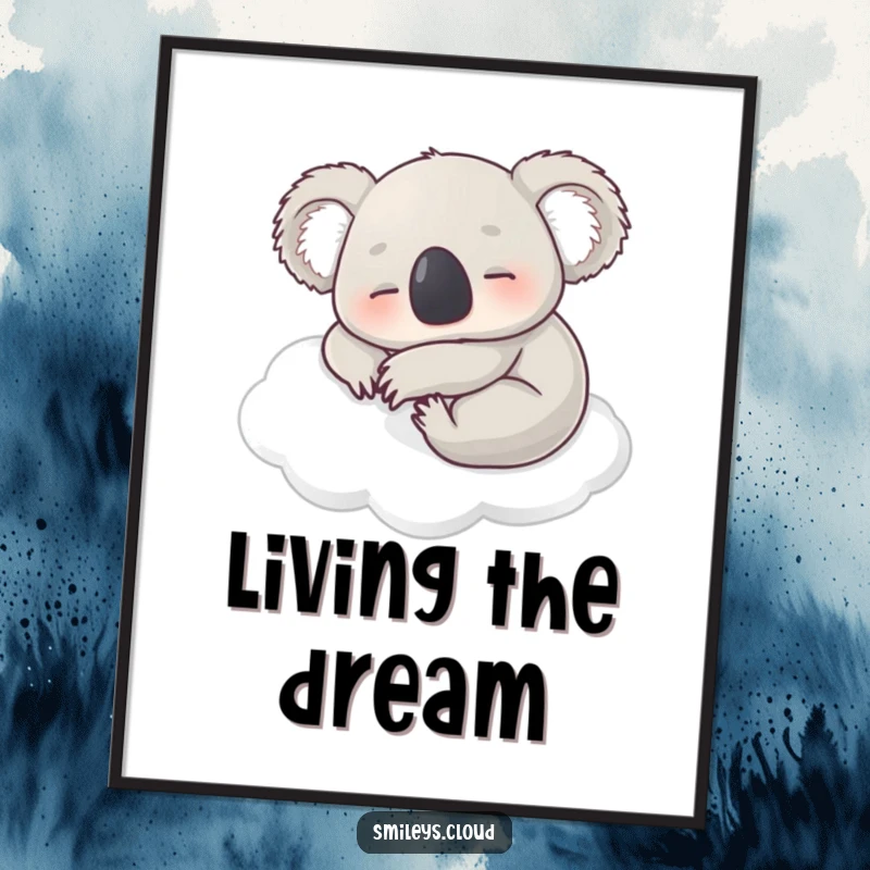 Funny poster art of a contented koala napping peacefully on a soft white cloud, bringing serene humor to any room.