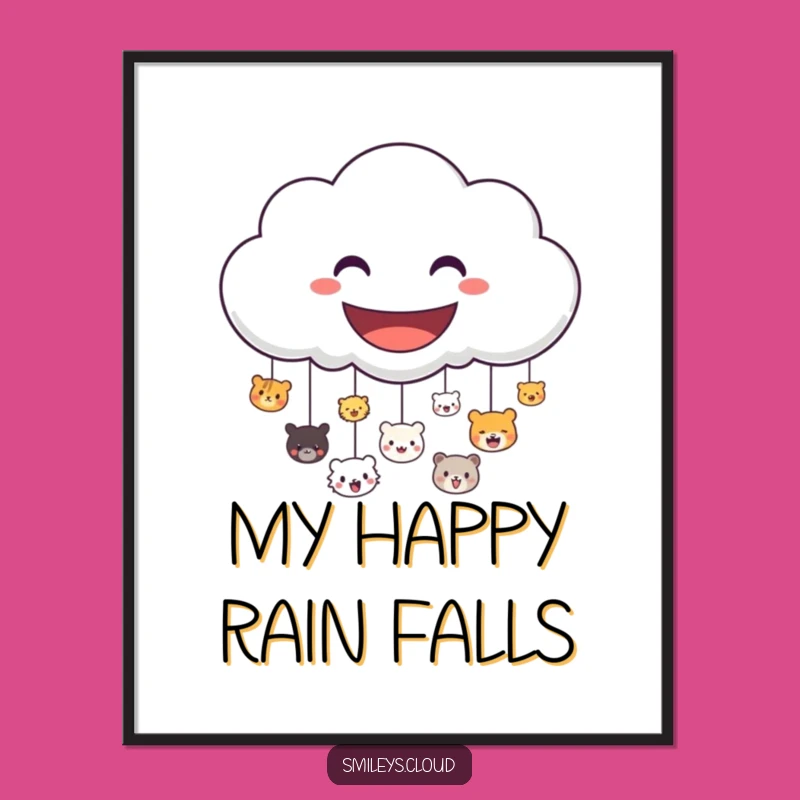 Funny Cloud Poster: Cheerful Raining Animal Faces Art Print for Happy Decor