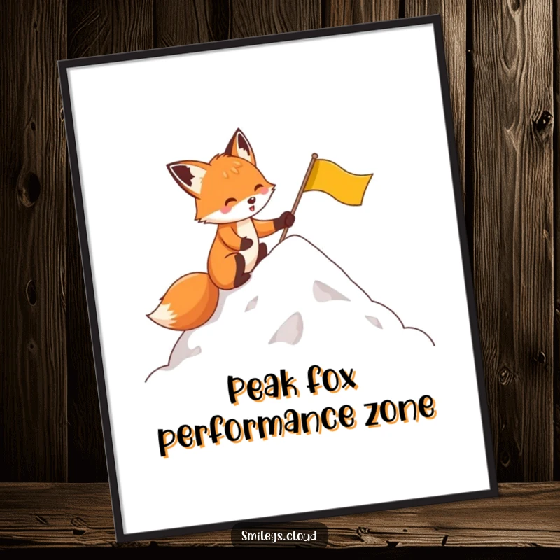 Funny poster of a determined fox planting a flag on a cloud peak, offering humorous inspiration and wall decor.