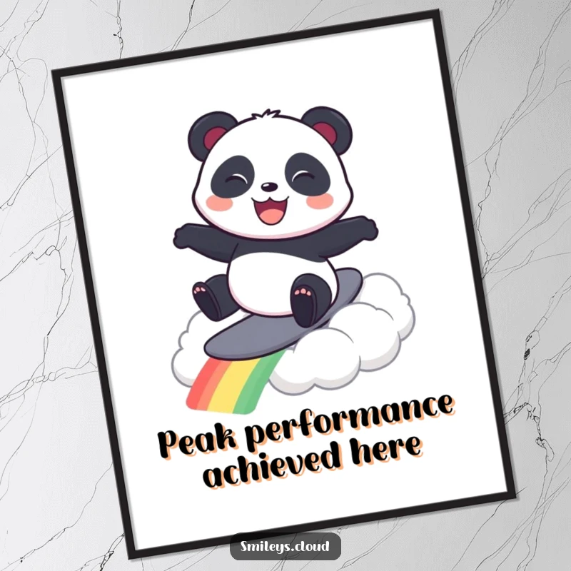 Funny poster featuring a smiling panda gracefully surfing a luminous rainbow cloud, capturing a moment of pure bliss.
