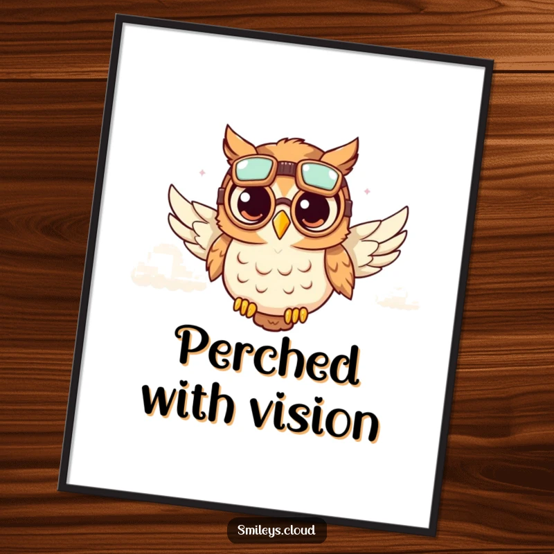 Funny artwork poster of a cute owl wearing aviator goggles, soaring through fluffy clouds, creating a funny, adventurous scene.