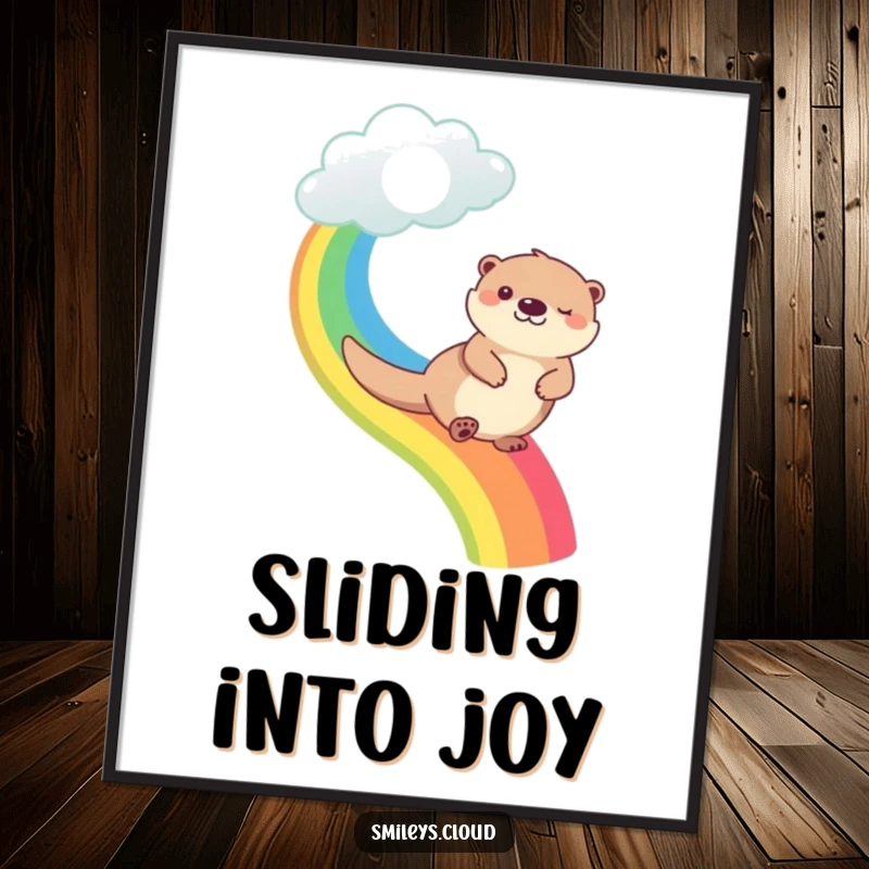 Funny happy otter sliding down a rainbow originating from a soft cloud, creating cheerful wall art for any room.