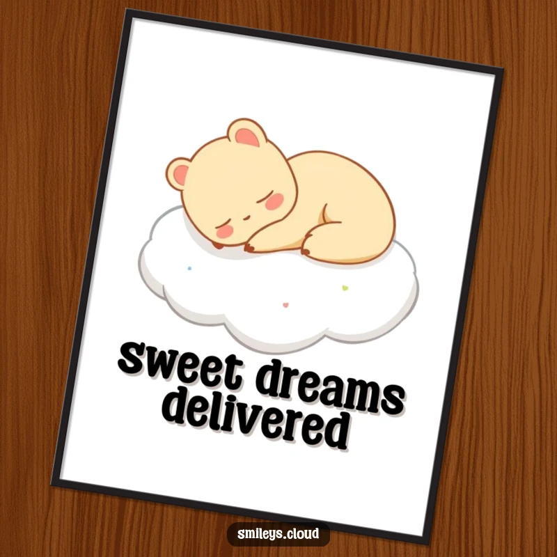 Funny poster artwork of a content animal sleeping peacefully on a cloud, evoking feelings of calm and relaxation.