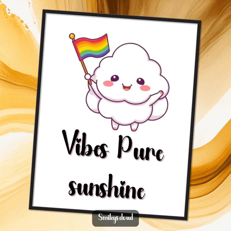Funny cloud critter poster showing a smiling cloud waving a rainbow flag, symbolizing inclusivity and happiness.