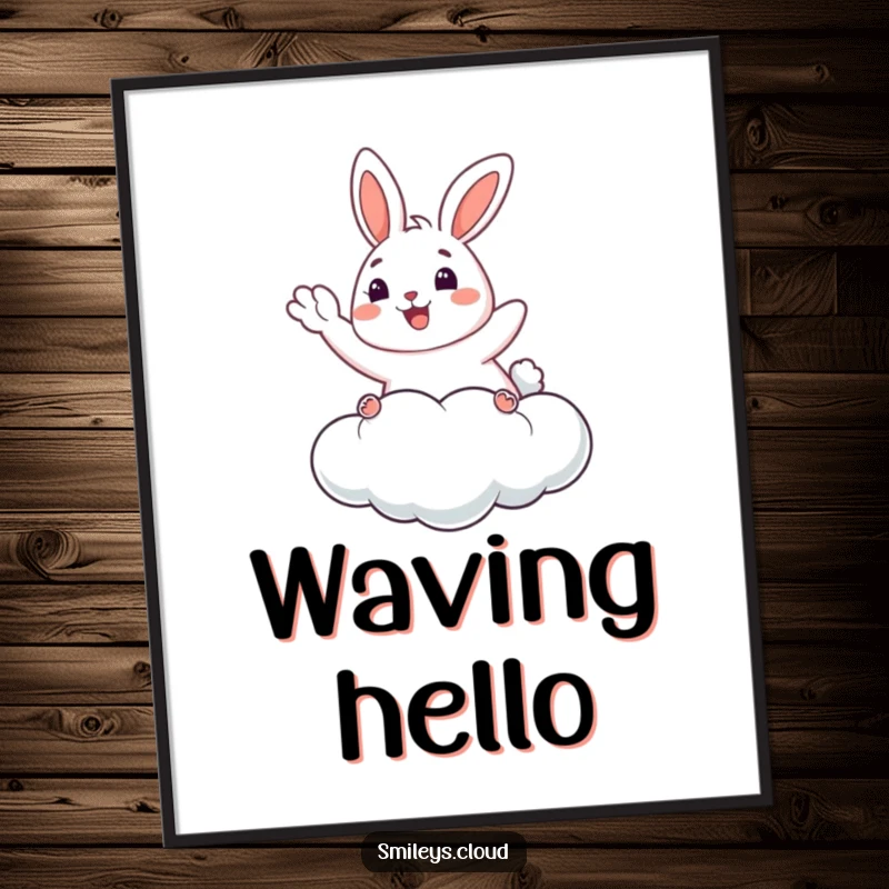Funny Bunny Poster: A happy bunny floats on a cloud, waving happily, adding whimsical and humorous wall art, a perfect gift.
