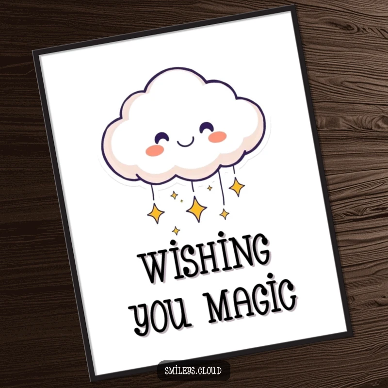 Funny smiling cloud face on a poster sending sparkling stars downwards, perfect for dreamy room decor.