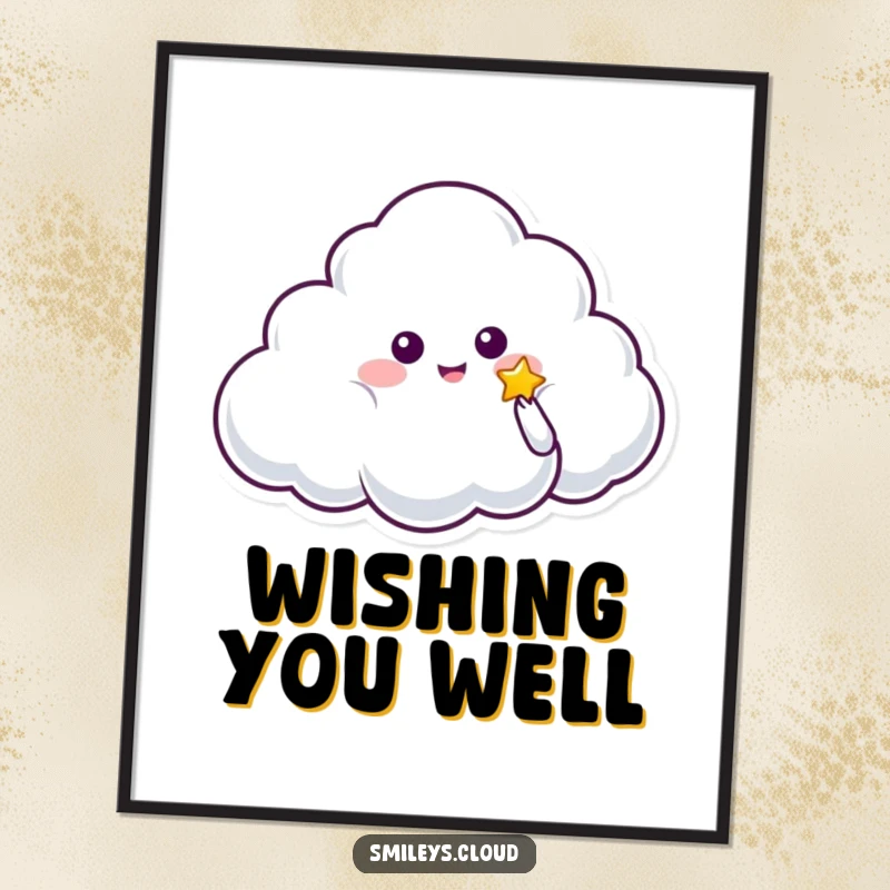Funny poster illustrating a cloud character gently offering a small, luminous star, creating a magical and heartwarming scene.