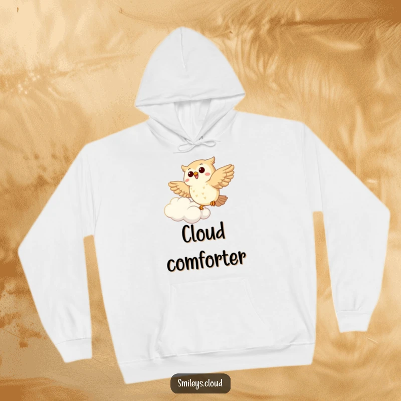 Funny Owl Hoodie: A joyous owl glides effortlessly beside a fluffy cloud, radiating happiness and a sense of adventure, perfect for cozy laughs.