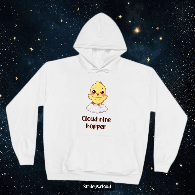 Funny chick hoodie featuring a happy chick hopping on a cloud, a humorous and warm design.