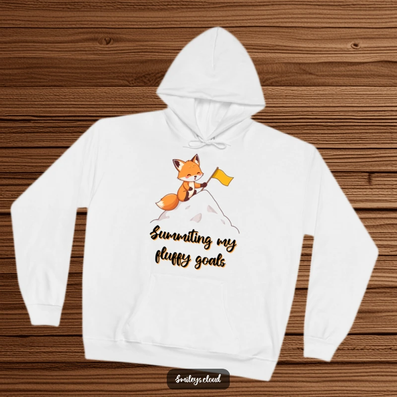 Funny hoodie showing a focused fox character planting a small flag atop a cloud, perfect for cozy, humorous escapades.