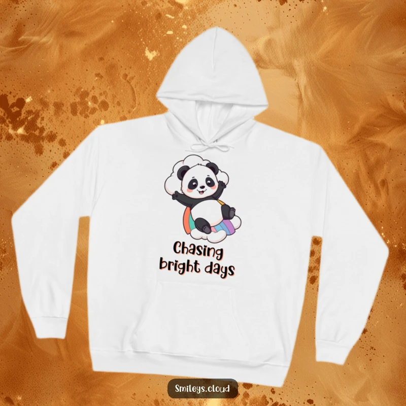 Funny Panda hoodie featuring a playful panda sliding down a rainbow from a cloud, offering warmth and a touch of whimsical magic.