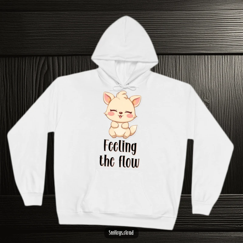 Funny hoodie with a happy animal, eyes closed, embracing a gentle breeze, offering warmth and a humorous sense of serene delight.