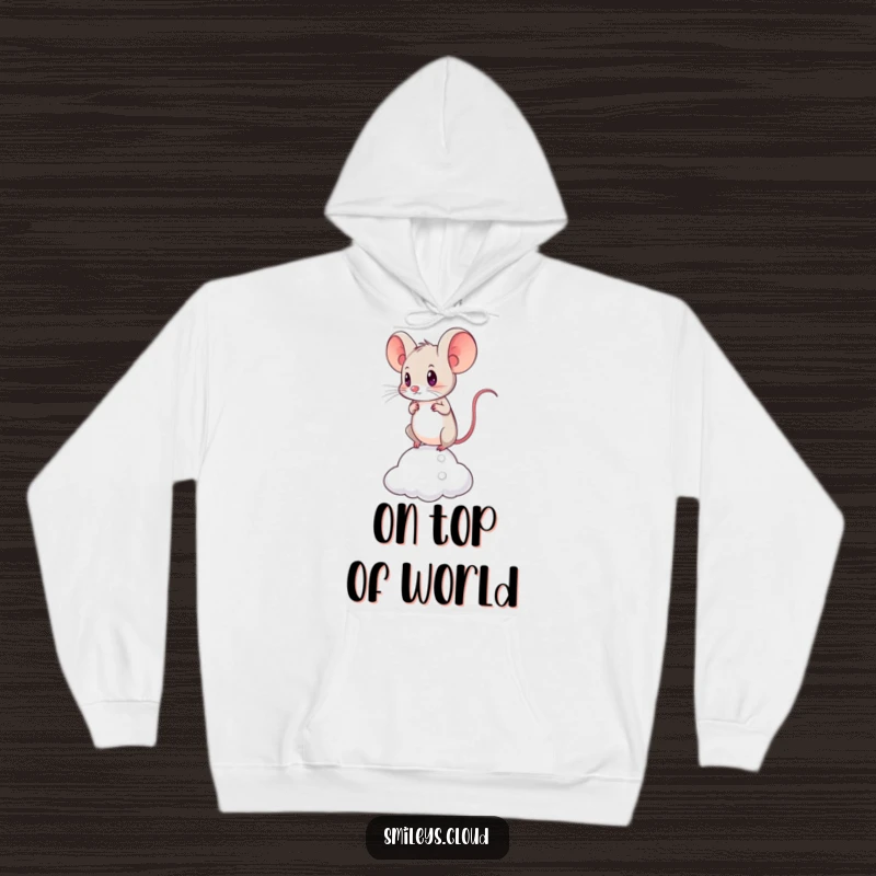Funny hoodie featuring a brave mouse looking determined while balancing on a tiny cloud, symbolizing resilience and courage.