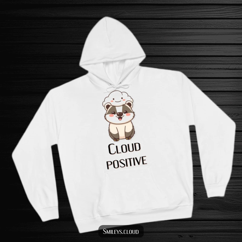 Funny cheerful badger hoodie featuring a happy badger with a smiling cloud, offering cozy comfort and humorous positivity.