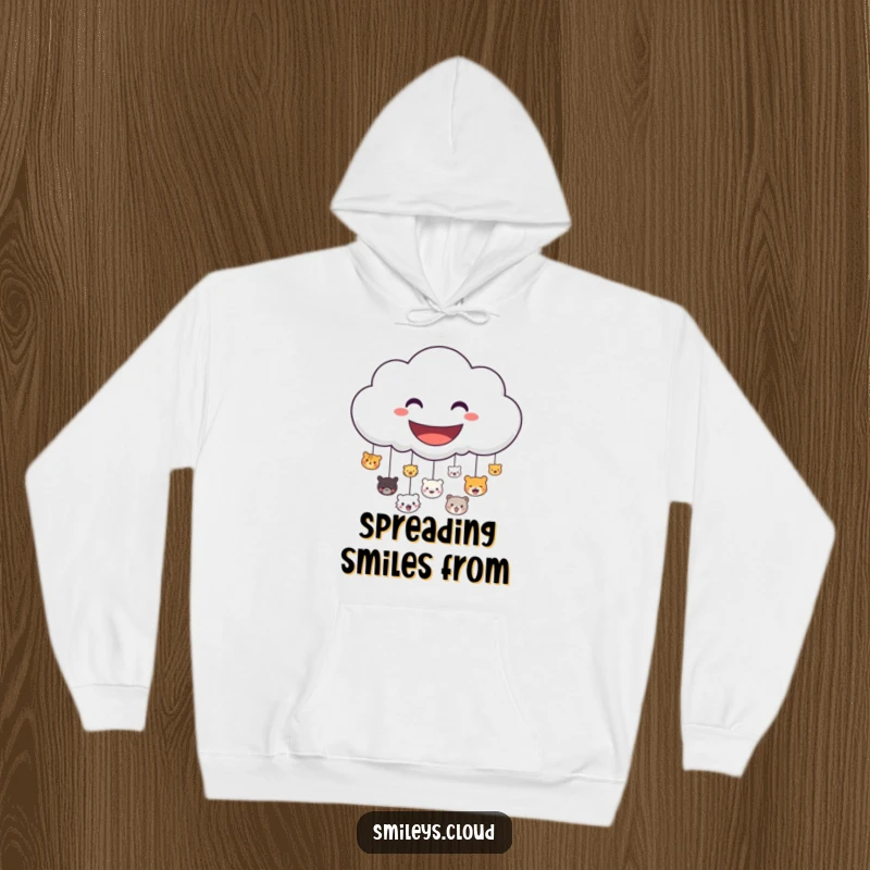 Funny hoodie design of a smiling cloud character joyfully raining down numerous small, happy animal faces.