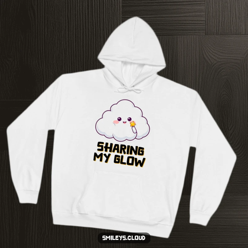 Funny hoodie depicting a gentle cloud character offering a small, glowing star, providing warmth and a touch of enchanting magic.