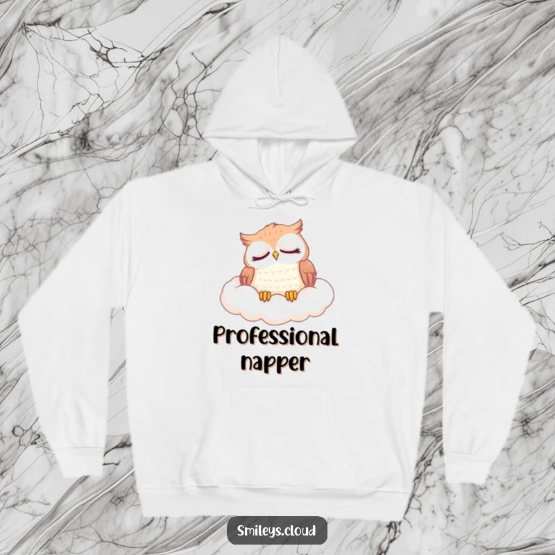 Funny hoodie showing a content owl sleeping peacefully on a soft, wispy cloud, perfect for cozy relaxation.