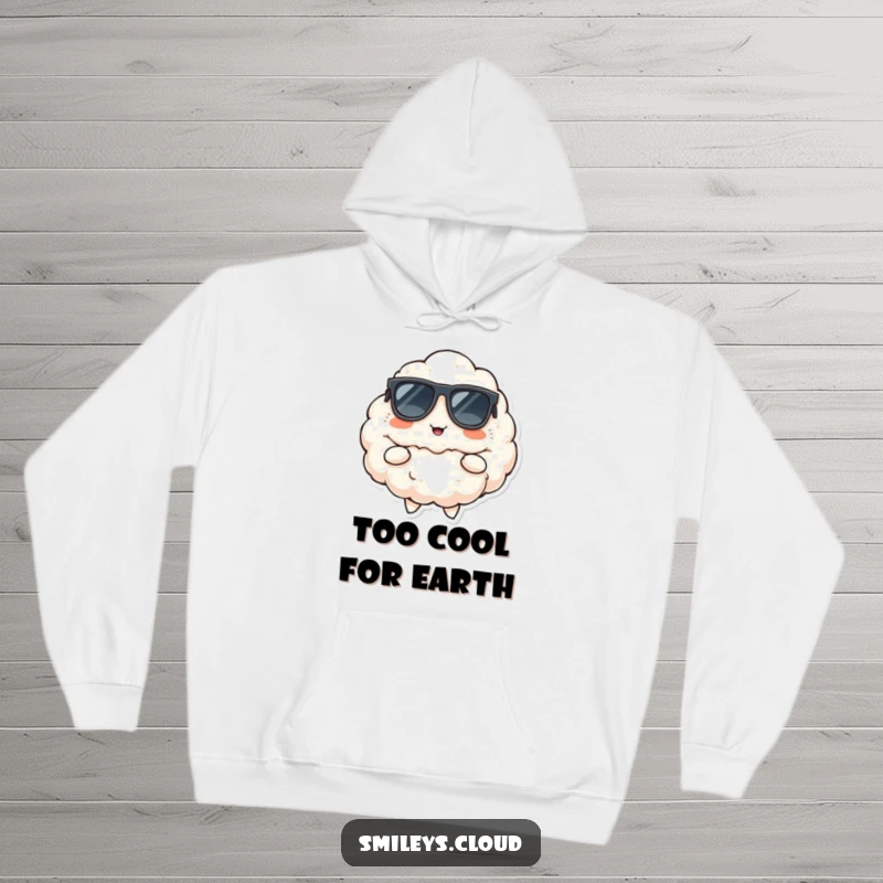 Funny hoodie print of a fluffy cloud wearing stylish sunglasses, striking a cool pose with a knowing, cheerful smirk.