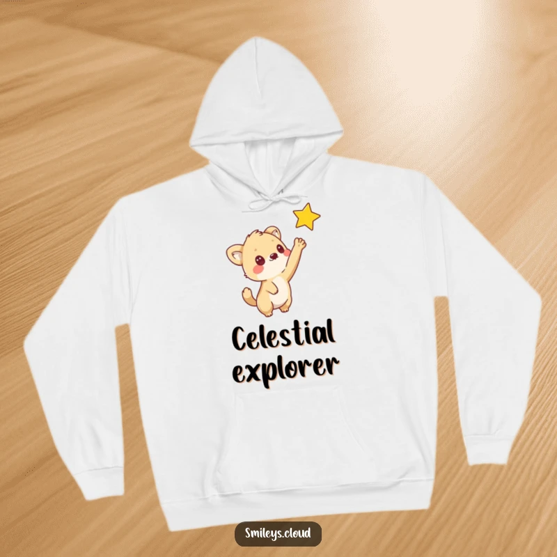 Funny hoodie featuring a curious animal reaching out to affectionately touch a bright star, symbolizing hope and gentle curiosity.