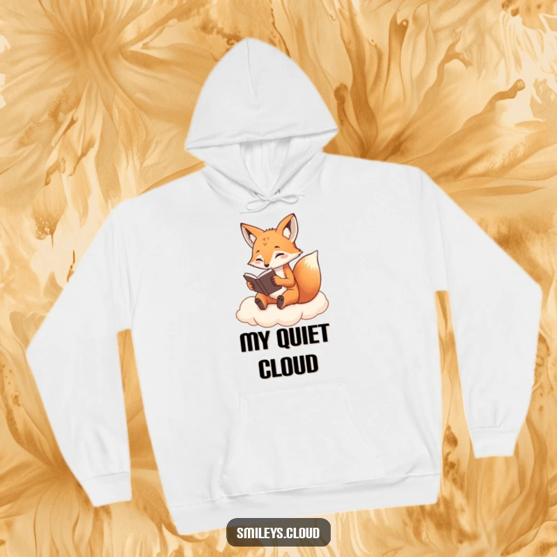 Funny Fox Hoodie: A determined fox reads on a cloud, offering cozy comfort and intellectual humor, a perfect gift.
